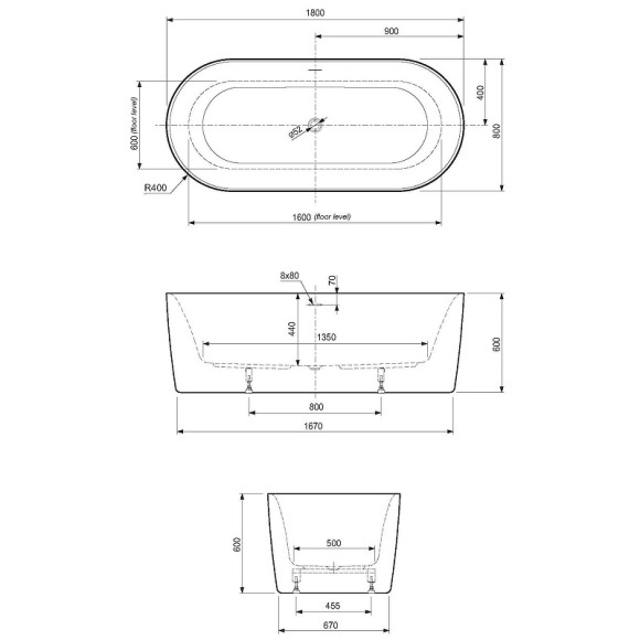 Акриловая ванна Cezares Metauro 180x80 METAURO-INT-Central-180-80-60-B-W-MATT Черная матовая Белая матовая без гидромассажа