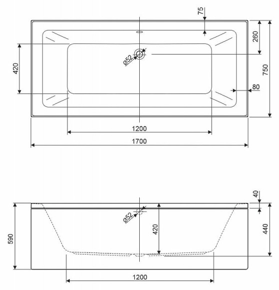 Акриловая ванна Cezares Plane Mini 170x75 PLANE MINI-170-75-42-W37 без гидромассажа