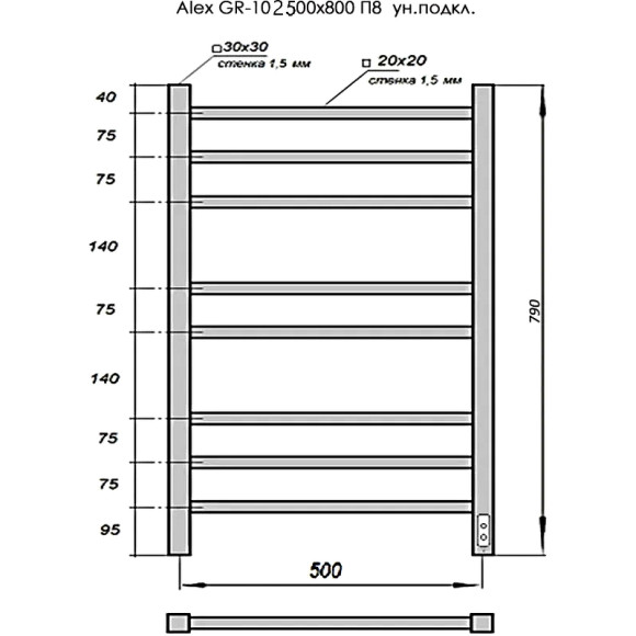 Электрический полотенцесушитель Grois Alex GR-102 50/80 П8 9005 U Черный матовый