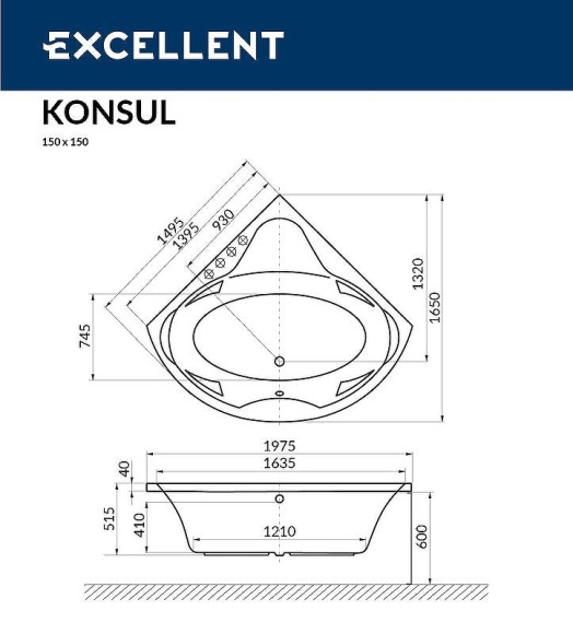 Акриловая ванна Excellent Konsul 150x150 WAEX.KON15.SOFT.GL с гидромассажем Акриловая ванна Excellent Konsul 150x150 WAEX.KON15.SOFT.GL с гидромассажем