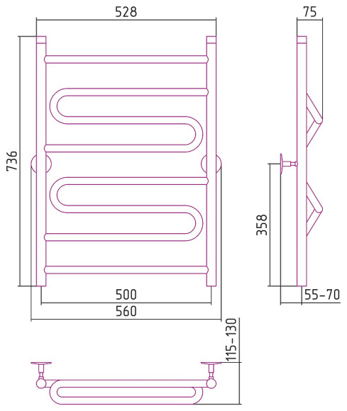 Водяной полотенцесушитель Сунержа Стилье Универсал-51 800х500 00651-8050 Хром