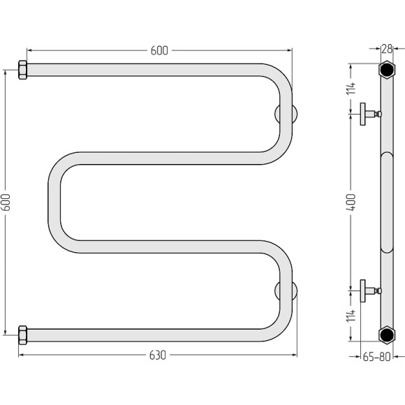 Водяной полотенцесушитель Сунержа Ш-образный 600x600 30-0014-6060 Белый матовый