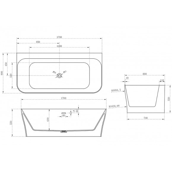 Ванна из искусственного камня Abber Stein 170x80 AS9616 без гидромассажа Ванна из искусственного камня Abber Stein 170x80 AS9616 без гидромассажа