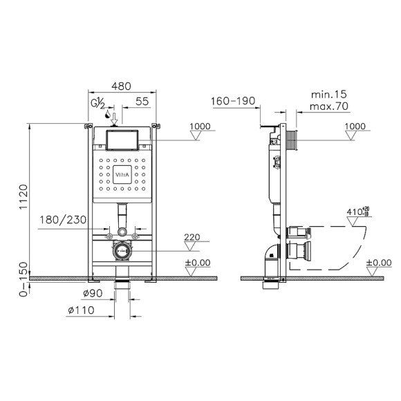 Комплект унитаза с инсталляцией Vitra Normus L-box 9773B003-7207 с сиденьем и Белой клавишей смыва