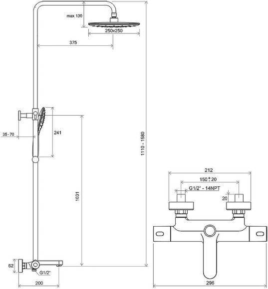Душевая система Ravak Termo TE 092.00/150 X070098 с термостатом Хром Белый Душевая система Ravak Termo TE 092.00/150 X070098 с термостатом Хром Белый
