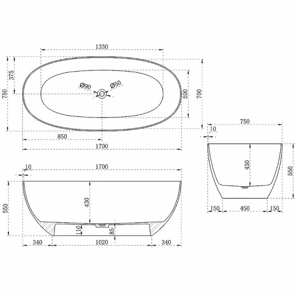 Ванна из полиэфирной смолы Vincea 170х75 VBT-6T01B Черная без гидромассажа