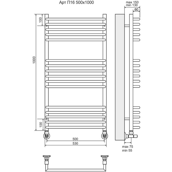 Водяной полотенцесушитель Terminus Арт П16 500х1000 4670078513380 Хром, нижнее подключение, G 1/2" ВР, с комплектом вентилей