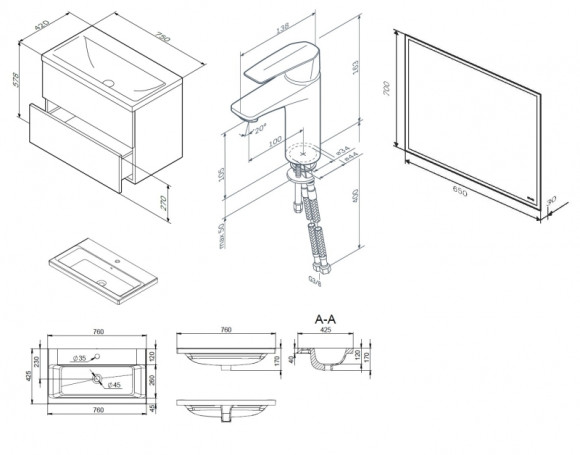 Комплект мебели для ванной AM.PM Gem 75 BK90GA Белый со смесителем для раковины и аксессуарами Комплект мебели для ванной AM.PM Gem 75 BK90GA Белый со смесителем для раковины и аксессуарами