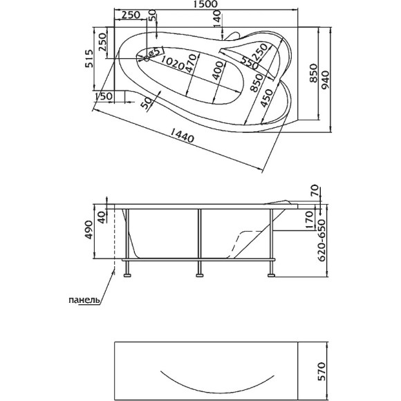 Акриловая ванна Marka One Gracia 150х90 L 01гр1590л без гидромассажа Акриловая ванна Marka One Gracia 150х90 L 01гр1590л без гидромассажа