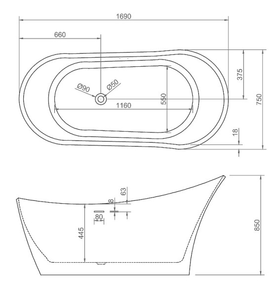 Акриловая ванна Abber AB9245 169х75 без гидромассажа Акриловая ванна Abber AB9245 169х75 без гидромассажа