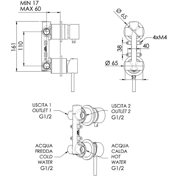Смеситель для душа Remer X-Style Inox SSX92P Нержавеющая сталь