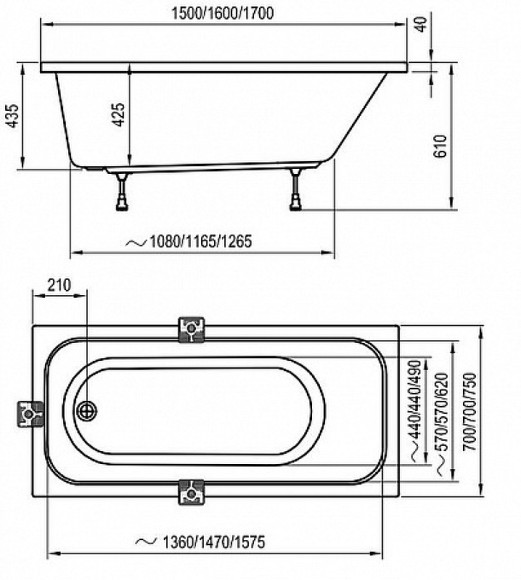 Акриловая ванна Ravak Domino 170х75 Set Plus 70508015 без гидромассажа Акриловая ванна Ravak Domino 170х75 Set Plus 70508015 без гидромассажа