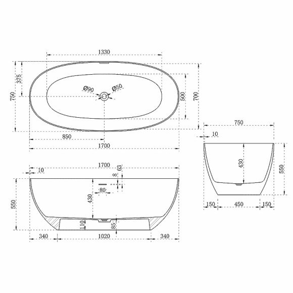Ванна из искусственного камня Vincea 170x75 VBT-6S01MG Серая Белая матовая без гидромассажа Ванна из искусственного камня Vincea 170x75 VBT-6S01MG Серая Белая матовая без гидромассажа