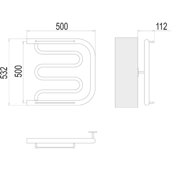 Водяной полотенцесушитель Terminus Фокстрот (1) БШ 500х500 4620768881039 с полкой Хром, боковое подключение, G 1" НР