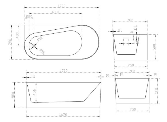 Акриловая ванна Abber 170х78 AB9496-1.7L без гидромассажа