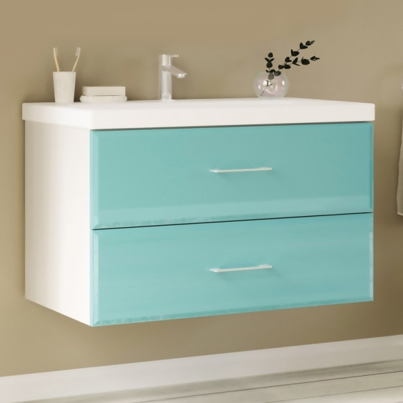 Тумба под раковину Marka One Mix 80П с ручками фасад стекло Бирюзовая Тумба под раковину Marka One Mix 80П с ручками фасад стекло Бирюзовая