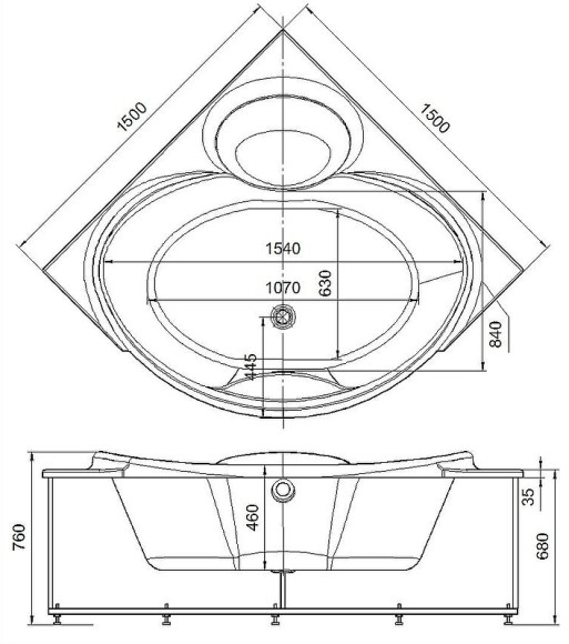 Акриловая ванна Aquatek Эпсилон 150х150 EPS150-0000066 без гидромассажа с фронтальной панелью с каркасом (вклеенный) со слив-переливом