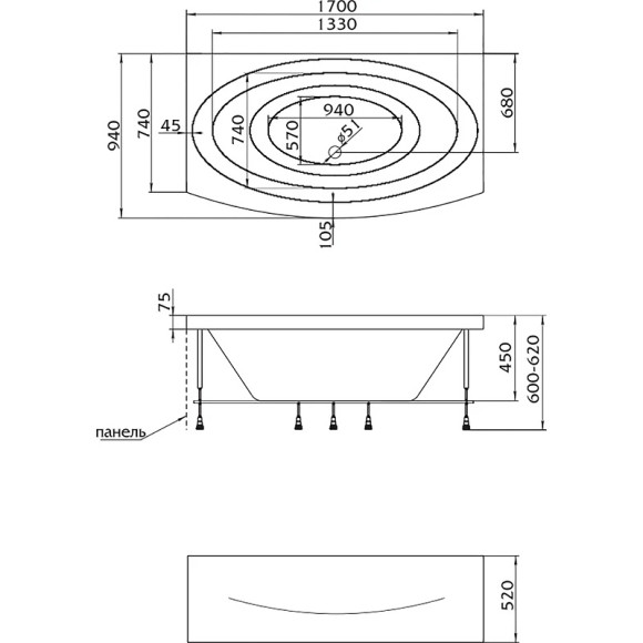 Акриловая ванна Marka One Nega 170х95 01нег1795 без гидромассажа