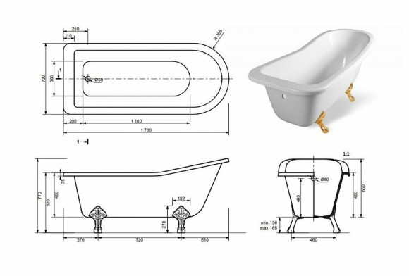 Ванна из искусственного камня Эстет Царская 170х73 ФР-00000685 без гидромассажа