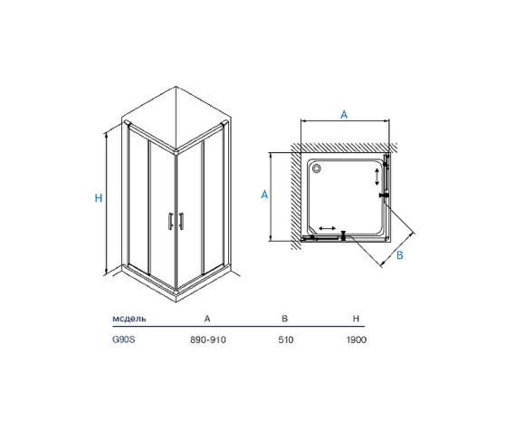 Душевой уголок Koller Pool Aqua Line 90X90 G90SC профиль Хром стекло прозрачное