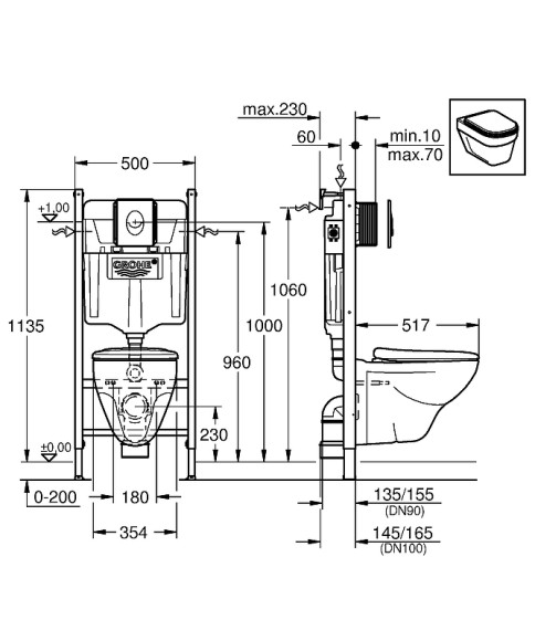 Комплект унитаза с инсталляцией Grohe Solido 39117000 с сиденьем Микролифт и клавишей смыва