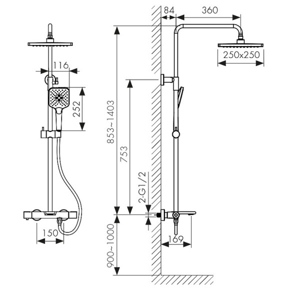Душевая система Kaiser Serio 05382-15 с термостатом Вороненая сталь