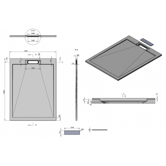 Душевой поддон из искусственного камня Esbano Luxe ESP-LX129G 120x90 ESPLX 129G Серый матовый