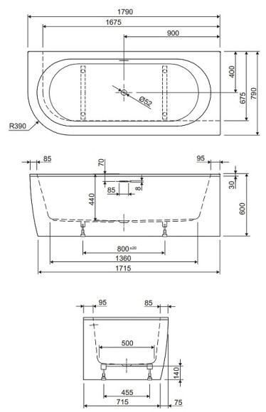 Акриловая ванна Cezares Slim 179x79 R SLIM CORNER-180-80-60-R-NERO-SET без гидромассажа