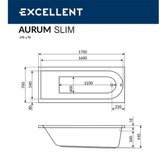 Акриловая ванна Excellent Aurum Slim 170x70 WAEX.AUR17WHS без гидромассажа
