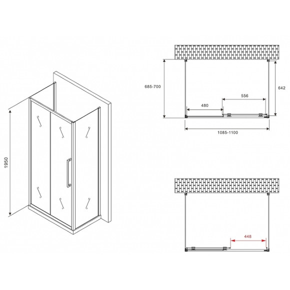 Душевой уголок Abber Schwarzer Diamant 110x70 AG30110BMH-S70BM-S70BM профиль Черный стекло матовое