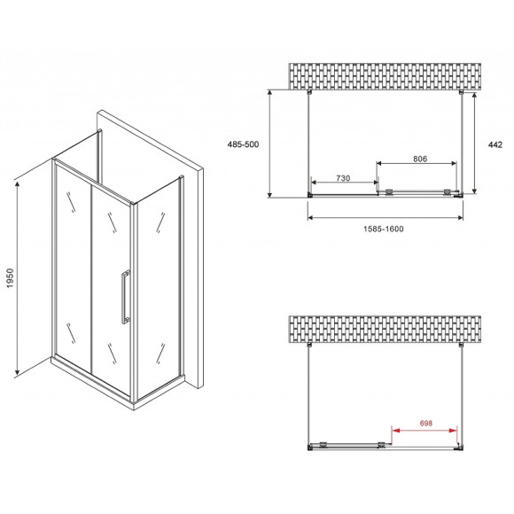 Душевой уголок Abber Schwarzer Diamant 160x50 AG30160MH-S50M-S50M профиль Хром стекло матовое Душевой уголок Abber Schwarzer Diamant 160x50 AG30160MH-S50M-S50M профиль Хром стекло матовое