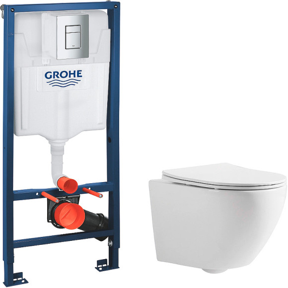 Комплект унитаза CeramaLux 2197 с инсталляцией Grohe Rapid SL 38772001 с сиденьем Микролифт и клавишей смыва Хром