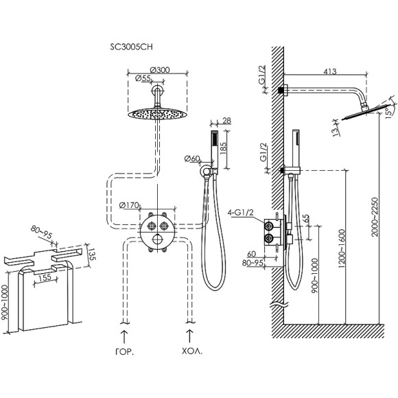 Душевая система Sancos Link SC3005MB с термостатом Черная матовая