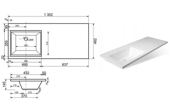 Раковина Эстет Даллас 130 L ФР-00002166 с местом под стиральную машину Белая