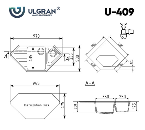 Кухонная мойка Ulgran Classic U-409-343 Антрацит Кухонная мойка Ulgran Classic U-409-343 Антрацит
