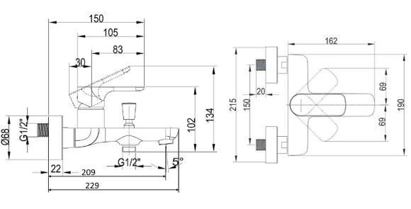 Смеситель для ванны Villeroy&Boch O.Novo TVT10400100061 Хром