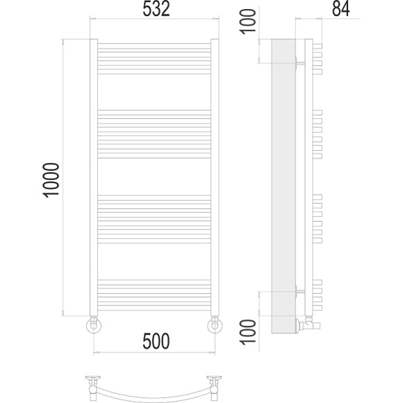 Водяной полотенцесушитель Terminus Классик П20 500x1000 4670078529602 Хром, нижнее подключение, G 1/2" ВР, с угловым соединением