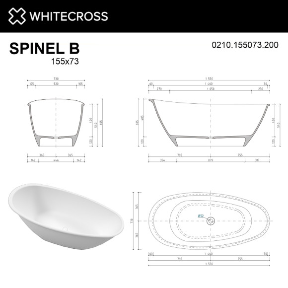 Ванна из искусственного камня Whitecross Spinel B 155x73 0210.155073.200 Белая матовая Ванна из искусственного камня Whitecross Spinel B 155x73 0210.155073.200 Белая матовая