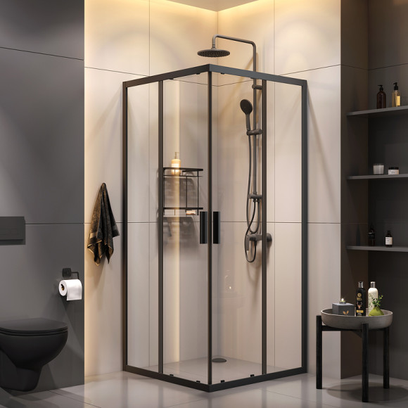 Комплект душевого уголка с душевой системой и аксессуарами AM.PM Gem S 90x90 WK93EP профиль Черный матовый стекло прозрачное Комплект душевого уголка с душевой системой и аксессуарами AM.PM Gem S 90x90 WK93EP профиль Черный матовый стекло прозрачное
