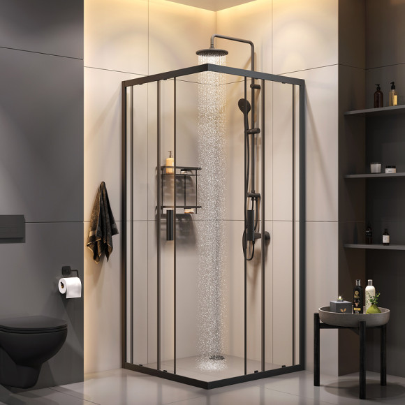 Комплект душевого уголка с душевой системой и аксессуарами AM.PM Gem S 90x90 WK93EP профиль Черный матовый стекло прозрачное Комплект душевого уголка с душевой системой и аксессуарами AM.PM Gem S 90x90 WK93EP профиль Черный матовый стекло прозрачное