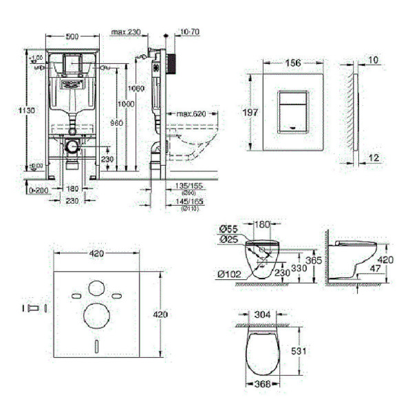 Комплект унитаза с инсталляцией Grohe Solido Compact 39586000 с сиденьем Микролифт и клавишей смыва Хром