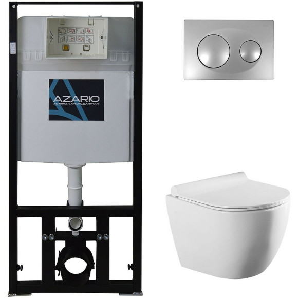 Комплект унитаза с инсталляцией Azario Geno AZ-8010-1000+AZ-8200-0011+AZ-2196D с сиденьем Микролифт и клавишей смыва Хром глянцевый