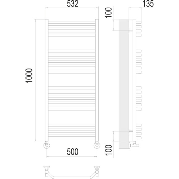 Водяной полотенцесушитель Terminus Виктория П20 500x1000 4670078529541 Хром, нижнее подключение, G 1/2" ВР, с угловым соединением