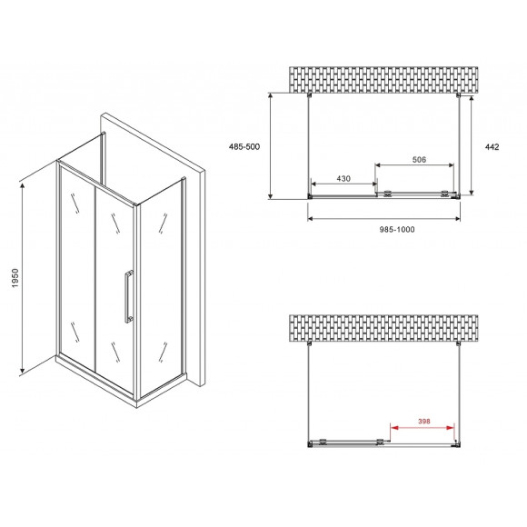 Душевой уголок Abber Schwarzer Diamant 100x50 AG30100MH-S50M-S50M профиль Хром стекло матовое