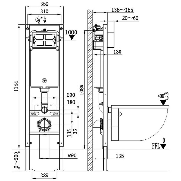 Инсталляция WeltWasser Amberg 350 10000010260 для унитаза без клавиши смыва