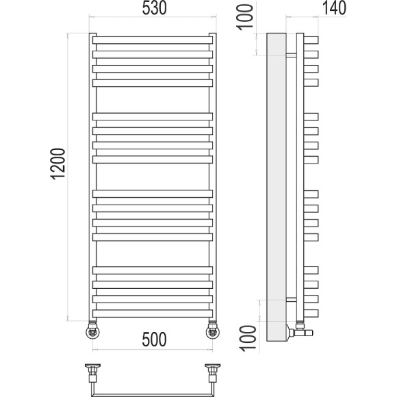 Водяной полотенцесушитель Terminus Рид П16 500х1200 4670078513458 Хром, нижнее подключение, G 1/2" ВР, с комплектом вентилей