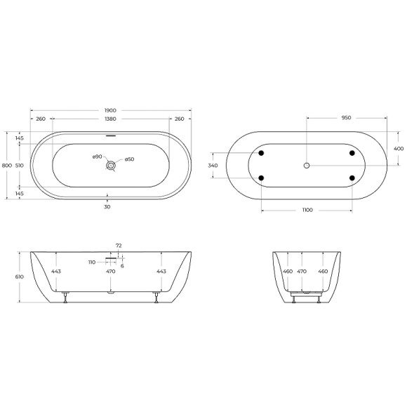 Акриловая ванна BelBagno 190x80 BB417-1900-800 без гидромассажа