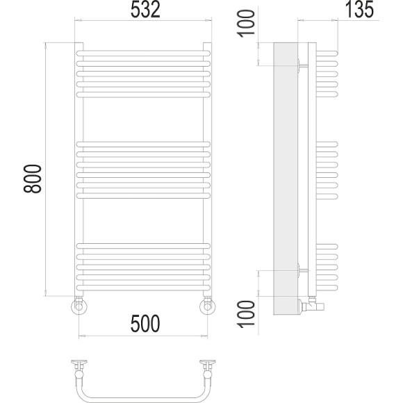 Водяной полотенцесушитель Terminus Стандарт П16 500x800 4670078529794 Хром, нижнее подключение, G 1/2" ВР, с угловым соединением