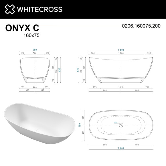 Ванна из искусственного камня Whitecross Onyx C 160х75 0206.160075.200 Белая матовая Ванна из искусственного камня Whitecross Onyx C 160х75 0206.160075.200 Белая матовая