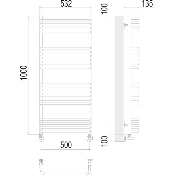 Водяной полотенцесушитель Terminus Стандарт П20 500x1000 4670078529800 Хром, нижнее подключение, G 1/2" ВР, с угловым соединением